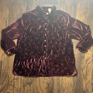 Women's Crushed Velvet Maroon Button Up Long Sleeve Plus Size 18W/20W Holiday